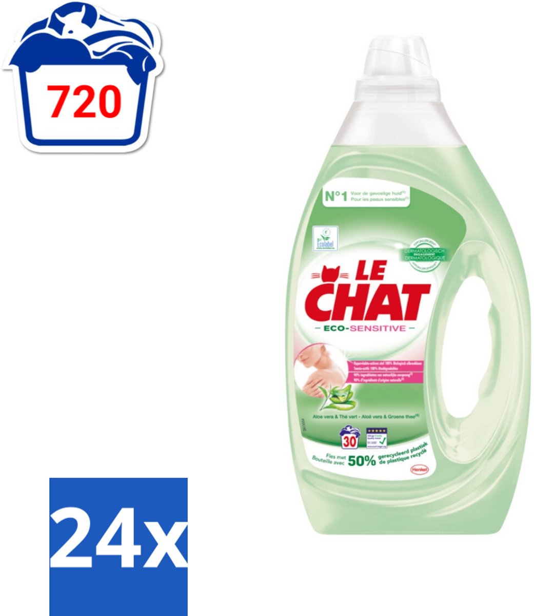Le Chat Eco-Sensitive - Vloeibaar Wasmiddel - Witte en Gekleurde Was - Aloë Vera & Groene Thee - 30 Wasbeurten - Voordeelverpakking - 24 stuks