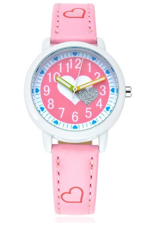Meisjes Horloge – Roze met Hartjes – Leren Bandje - Girls Watch