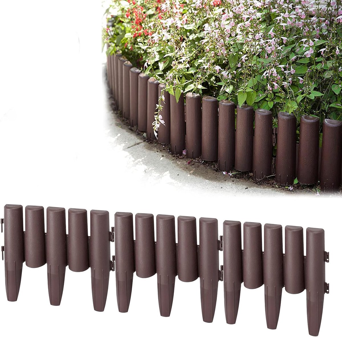 Aufun 8,4m Borderrand Kunststof tuinranding (beetinfassung) - Houtlook - Maaikant - 30 stuks decoratieve palisade randstenen - Bruin