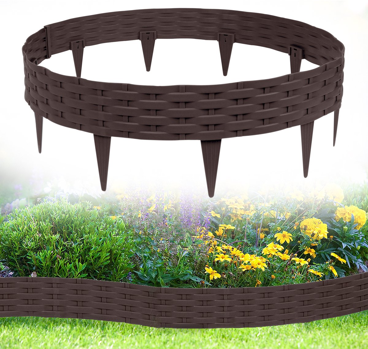 Aufun 10m Kunststof beetranding Borderrand - Rattanlook - Decoratieve palisade met maaikant - 10 stuks randstenen - Bruin