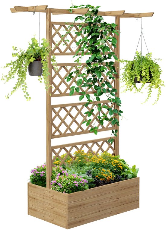 Jardinière avec portique - Bac à fleurs - Résistant aux intempéries - Avec treillis - Extérieur - Bois - Support à plantes - Rectangulaire - Bois naturel