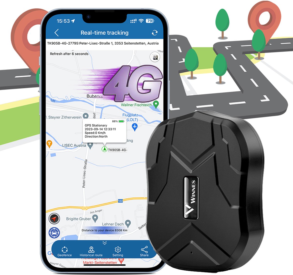 GPS Tracker 4G Zonder abonnement – 5000mAh Batterij, met Magneet, Real-time Tracking APP, Bewegings-, Val- & Geo Fence Alarm – Voor Auto, Motor, Boot & Waardevolle Objecten
