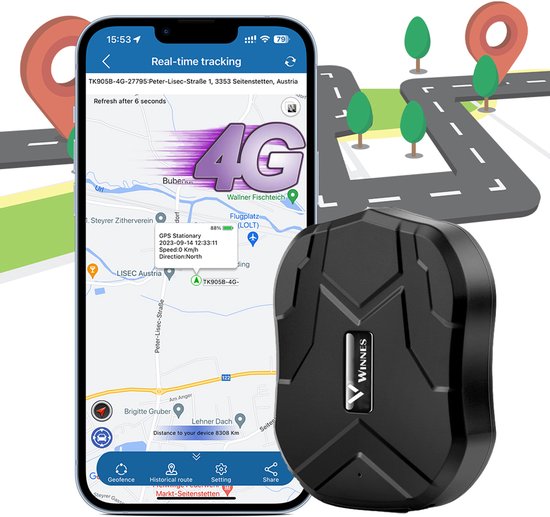 GPS Tracker 4G Zonder abonnement – 5000mAh Batterij, met Magneet, Real-time Tracking APP, Bewegings-, Val- & Geo Fence Alarm – Voor Auto, Motor, Boot & Waardevolle Objecten