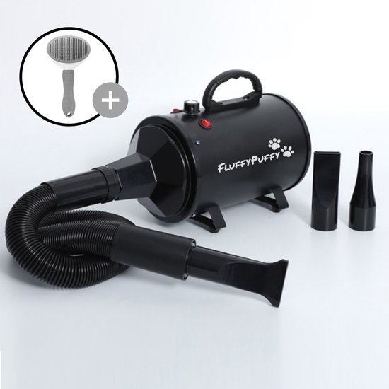 FluffyPuffy Professionele Hondenfohn met 3 Opzetstukken - Waterblazer Hond - 2800 W vermogen - Stil Design met geluidsdemper - Inclusief E-book + Hondenborstel - Zwart