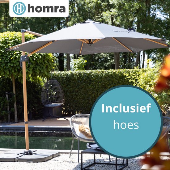 Parasol met Voet Homra - Stabiele Zweefparasol - Ø300 cm - Draai- en Kantelbaar - Inclusief beschermhoes - Houtkleurig