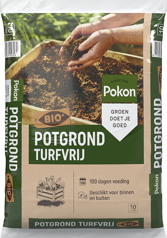 Zak Pokon potgrond, turfvrij, bio, 10 liter. Met handen aarde uit de zak. Groen doet je goed.