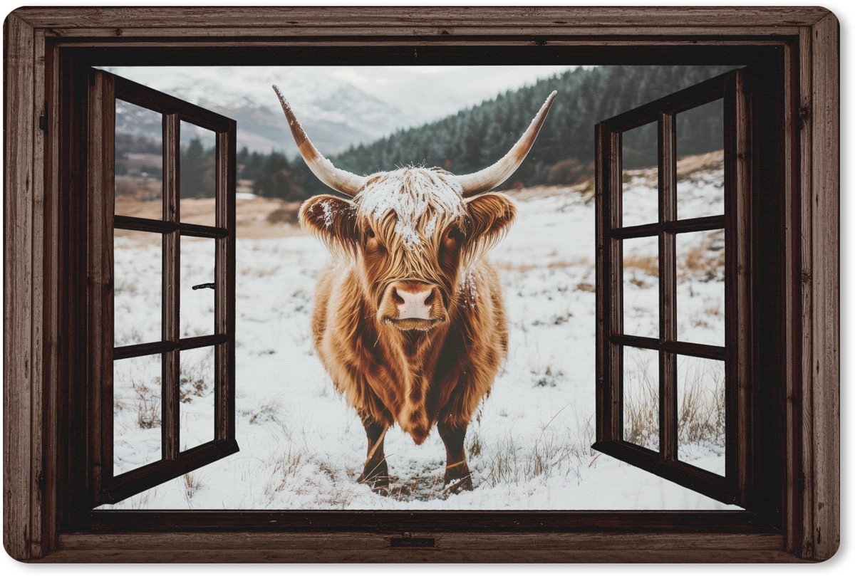 Muismat XXL 120x80 cm - Bureau onderlegger - Bureau mat Schotse Hooglander - Landschap - Landelijk - Bergen - Winter - Doorkijk - Donker - Bureaumat - Gaming mousepad xl - Bureaulegger groot - Computer deskmat