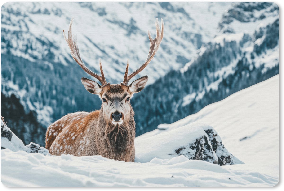 Muismat XXL 90x60 cm - Bureau onderlegger - Bureau mat Hert - Landschap - Winter - Natuur - Dieren - Bergen - Bureaumat - Gaming mousepad xl - Bureaulegger groot - Computer deskmat