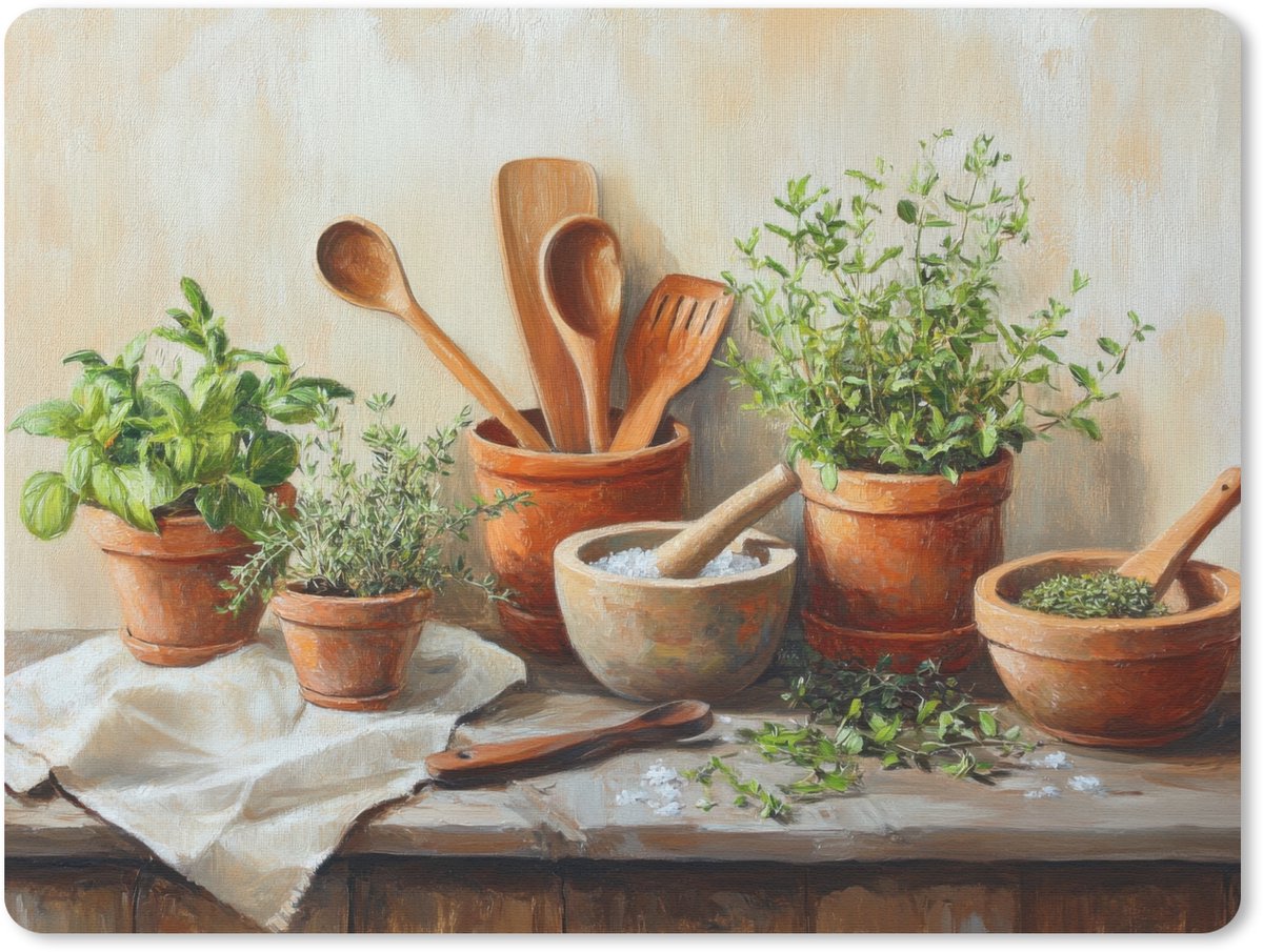 Muismat 23x19 cm - Mousepad Potten - Kruiden - Hout - Muismatten