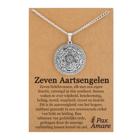 Aartsengelen Ketting op Cadeau Kaartje - Zilverkleurig - 7 Engelen Talisman / Medalion - Beschermengel - Engelen Hanger - 60cm