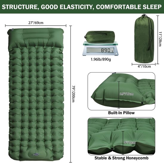 Ibenzoa® Isomat Camping zelfopblazend luchtmatras outdoor ultralichte slaapmat dik opblaasbaar met kussen opvouwbare thermo-iso-mat met voetpomp voor tent, trekking, strand, reizen, wandelen van Ibenzoa — afbeelding 3