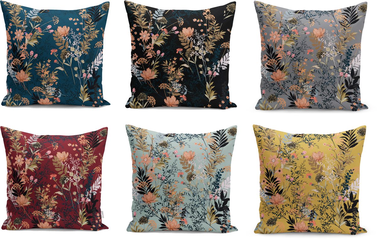 De Groen Home FLORA - Kussenhoes set van 6 stuks - 45x45 cm - Bloemen - Velvet Kussensloop - Aan beide zijdig bedrukt Divers