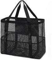 Mesh strandtas, grote strandtas met ritsvak voor het hele gezin, zwembadtas voor speelgoed en vakantiebenodigdheden - zwart