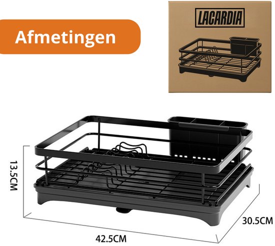 Égouttoir à vaisselle LaCardia noir avec bac d'égouttage - Égouttoir à vaisselle avec porte-couverts pour lave-vaisselle - Avec système d'égouttage - Acier inoxydable