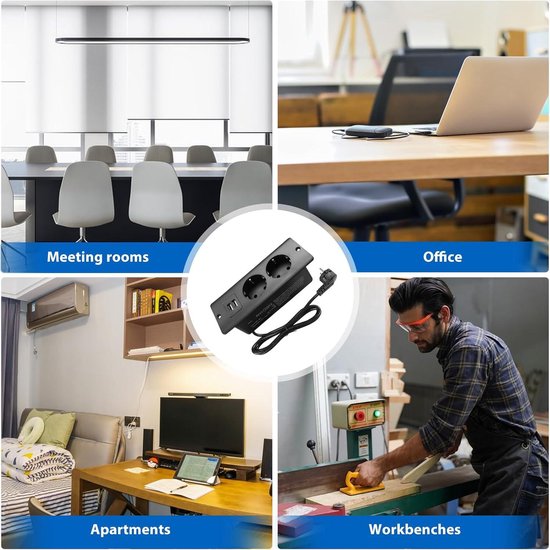 GTV – Inbouwcontactdoos MULTISOFT zwart met 2 x Schuko, USB A C, RJ45, intrekbaar met afdekking, 1,5 m kabel, ideaal voor bureau, vergadertafel of keukenwerkblad