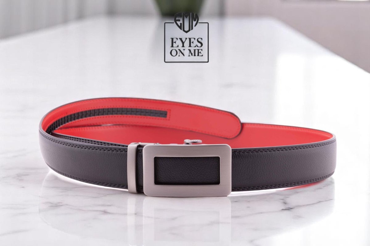 Zwart + rood lederen riem zonder gaatjes met automatische gesp voor heren ( model N062 )