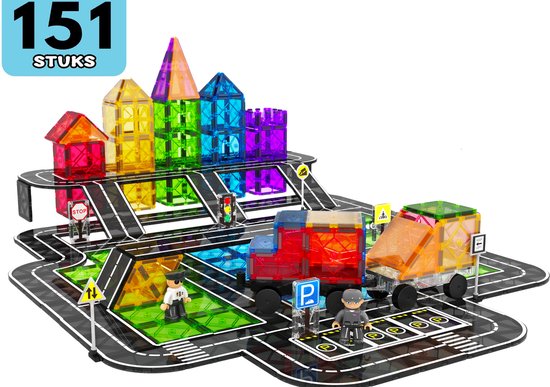 Magnetic Tiles - Magnetisch Speelgoed - Magnetische Tegels - Educatief & Constructie - Montessori Speelgoed - 151 Stuks - Magnetische Bouwstenen - Magnetische Bouwblokken - Voor 3, 4, 5, 6, 7, 8, 9 Jaar - Bouw je Magna Wereld - Kinderen - Playnetix