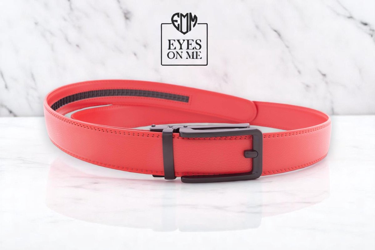 Rode lederen riem zonder gaatjes met automatische gesp voor heren ( Model N076 )