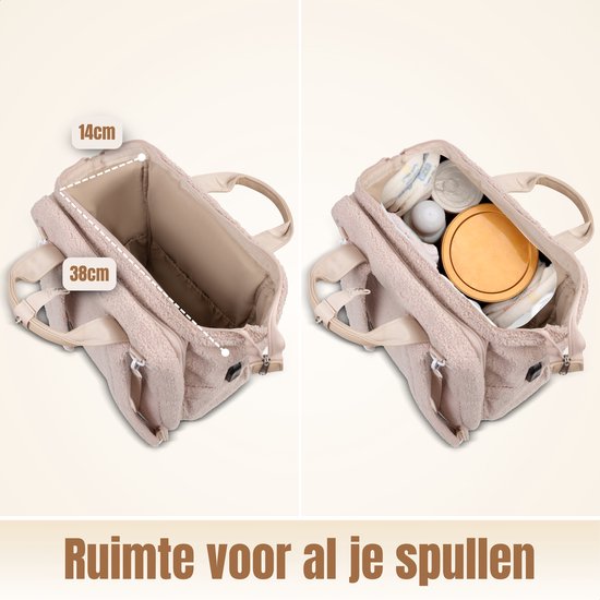 Drymon® Premium Luiertas - Ingebouwd Verschoonbed - Inclusief Flessenwarmer & Kinderwagenhaken t.w.v. €30 euro - 25L - Verzorgingstas - Waterafstotend - Beige - Exclusieve Teddy uitvoering van Drymon — afbeelding 2