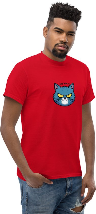 Rood t-shirt met op de borst een blauwe boze kat met de tekst "NO WAY!"