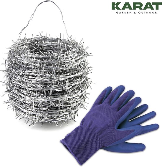 Fil barbelé galvanisé FLOORDIREKT - Rouleau de 16 mètres avec poignée de transport et Gants - Protection anti-escalade pour clôtures, grillages, pâturages, gibiers - Protection contre les martres