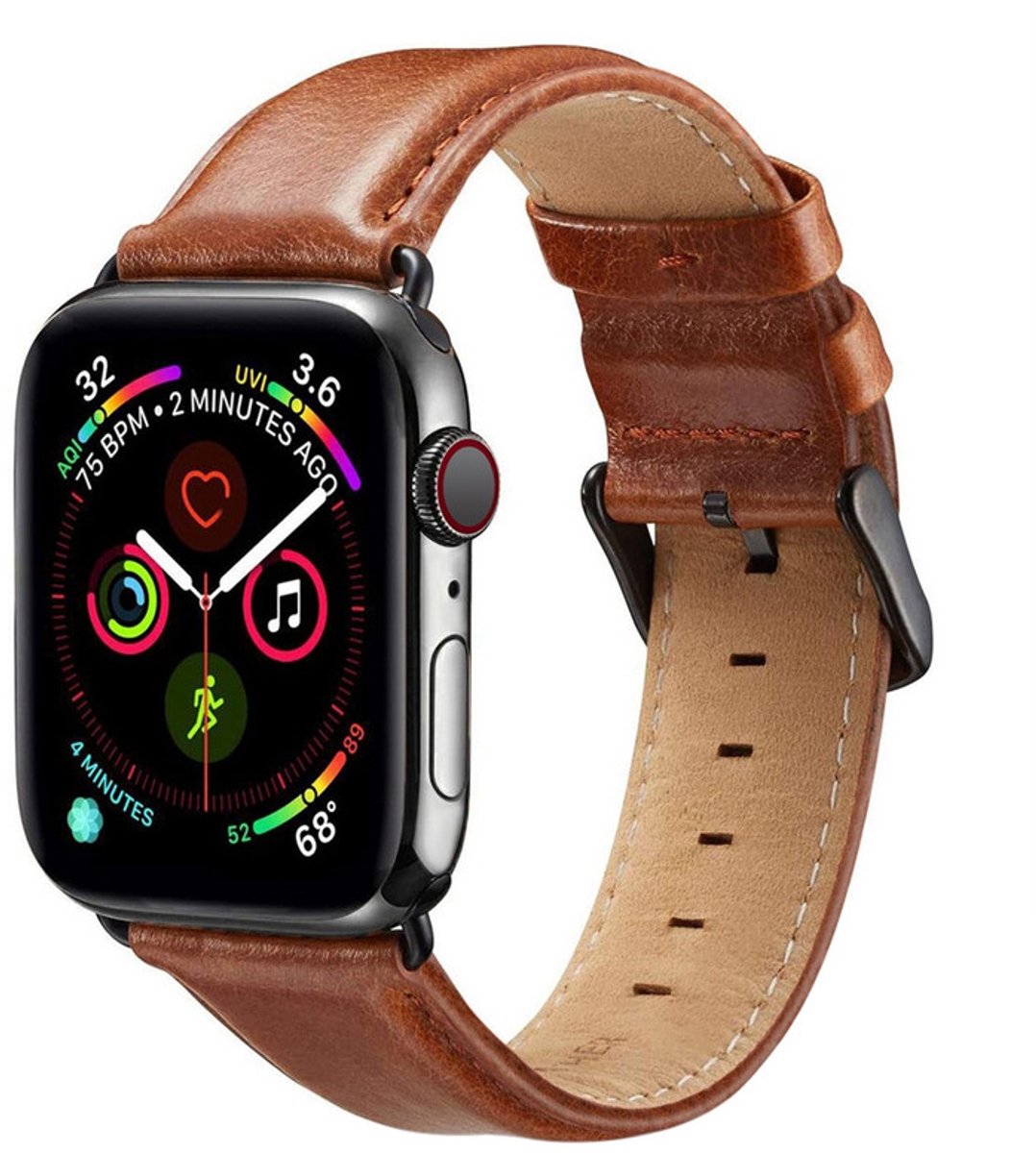 Leren bandje - geschikt voor Apple Watch 1/2/3/4/5/6/7/8/9/10/11/ SE (1,2,3) met maat 38 mm / 40 mm / 41 mm en 42 mm (Watch 10/11) - lichtbruin