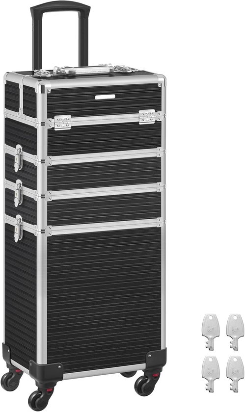 Cosmeticakoffer, trolley, 4-in-1 make-upkoffer, extra groot, kapperskoffer, 34 x 24 x 79,3 cm, afsluitbaar, make-upkoffer, 360 graden draaibare wielen, voor reizen, cadeau-idee, zwart, HMTM-BC-30029-BLACK