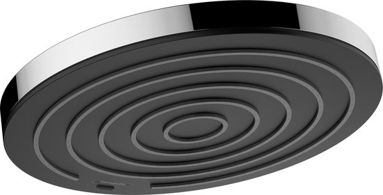Onderkant van een ronde, chroomkleurige Hansgrohe douchekop met concentrische cirkels.
