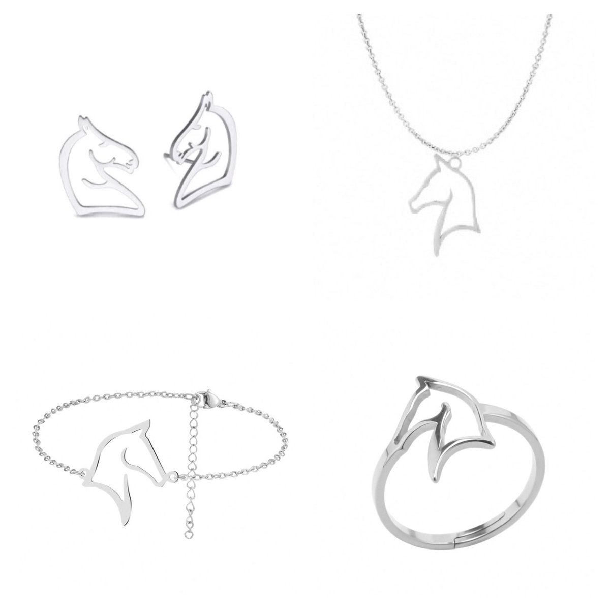 SportPresent® - Sieradenset - Paardrijden - Oorbellen - Ketting - Ring - Armband - Sport - Zilver kleur - hippische sport - Paard - Sportsieraad - Sieraden - Sportsieraden - Team - Teamkado