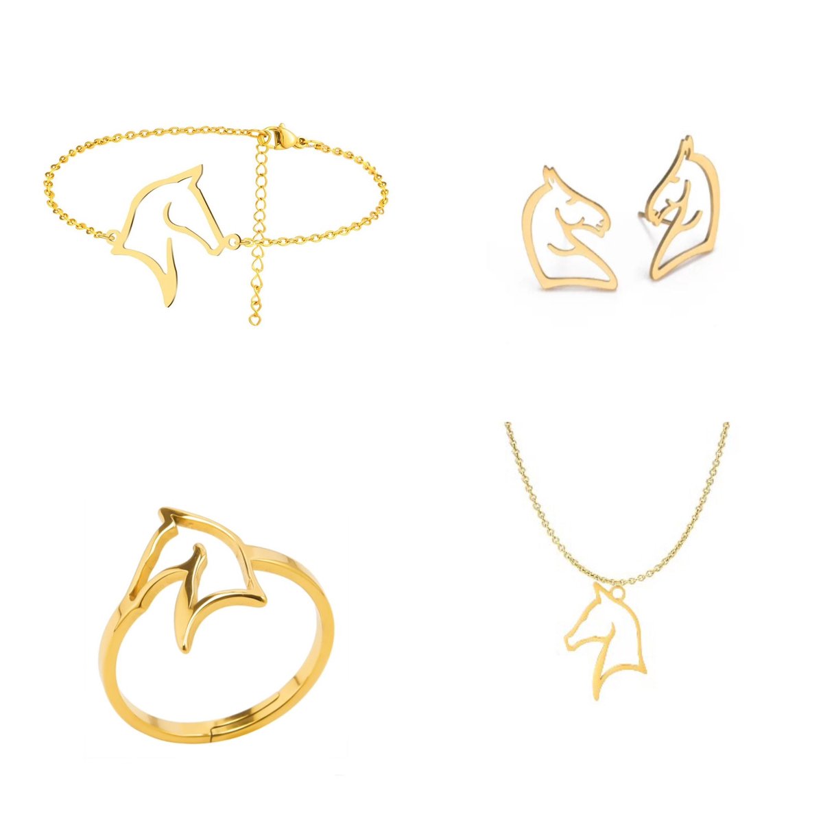 SportPresent® - Sieradenset - Oorbellen - Ketting - Ring - Armband - Sport - Paardrijden - Goud kleur - Hippische sport - Sportsieraad - Sieraden - Sportsieraden - Team - Teamkado