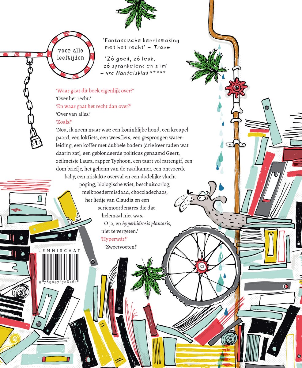Boek kaft met een gedetailleerde tekening van boeken, een slang, een wiel en wietplanten.