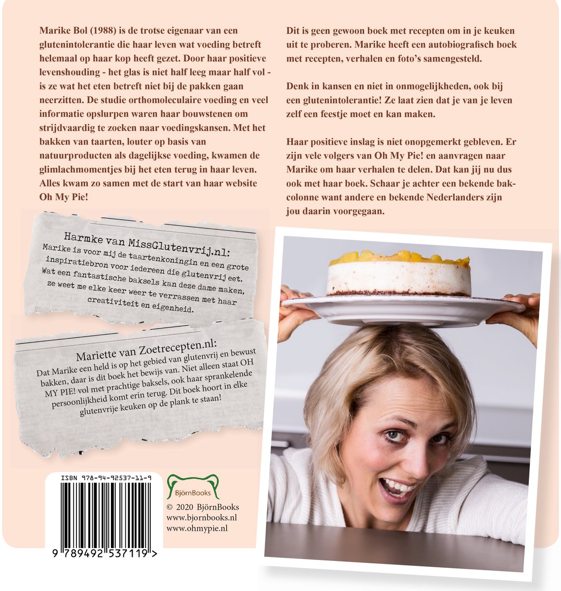 Achterkant van het boek 'Oh My Pie!' met tekst en een foto van de auteur, Marike Bol.