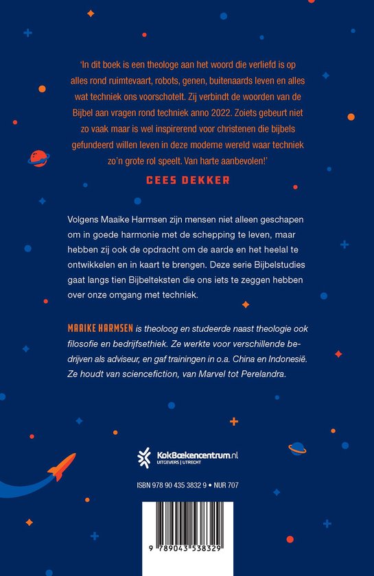Achterkant van een boek met tekst 'Dank God voor techniek' en informatie over auteur.