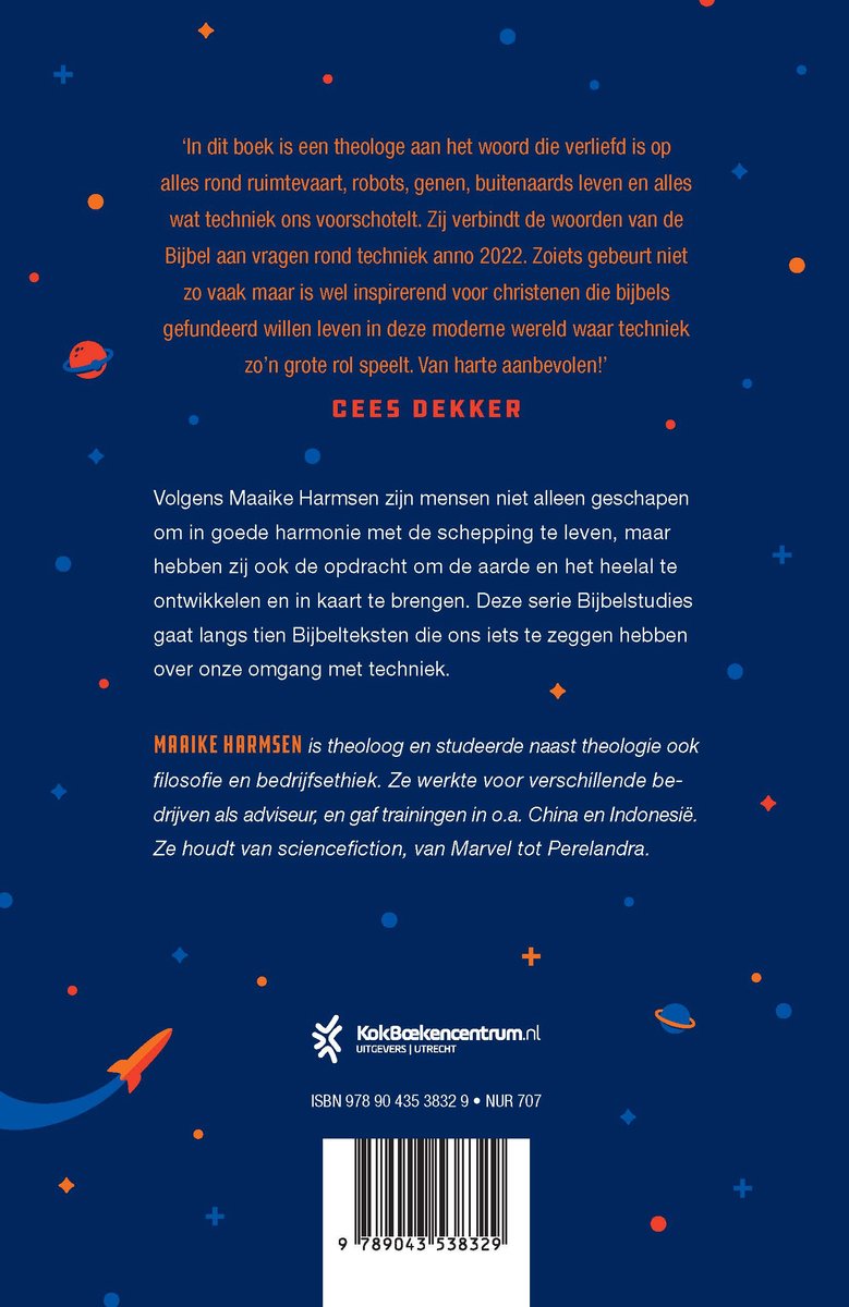 Achterkant van een boek met tekst 'Dank God voor techniek' en informatie over auteur.