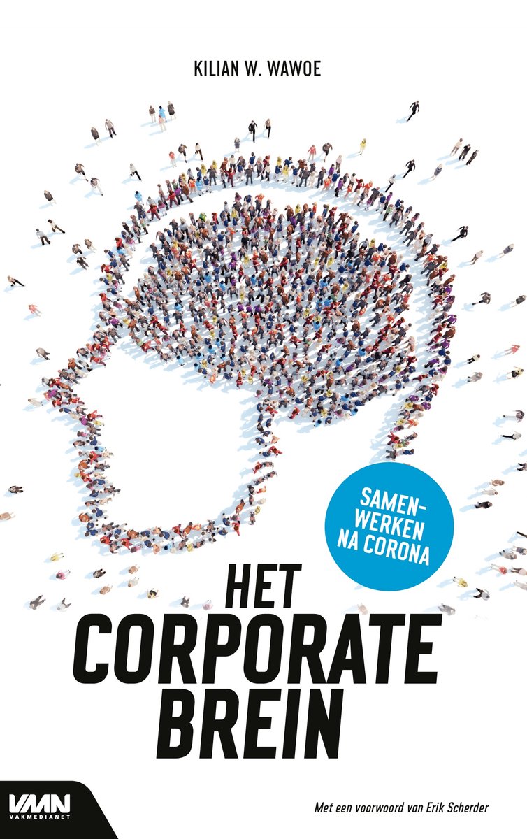 Boekomslag van "Het Corporate Brein" met een afbeelding van een brein gevormd door mensen en de tekst "SAMEN-WERKEN NA CORONA".