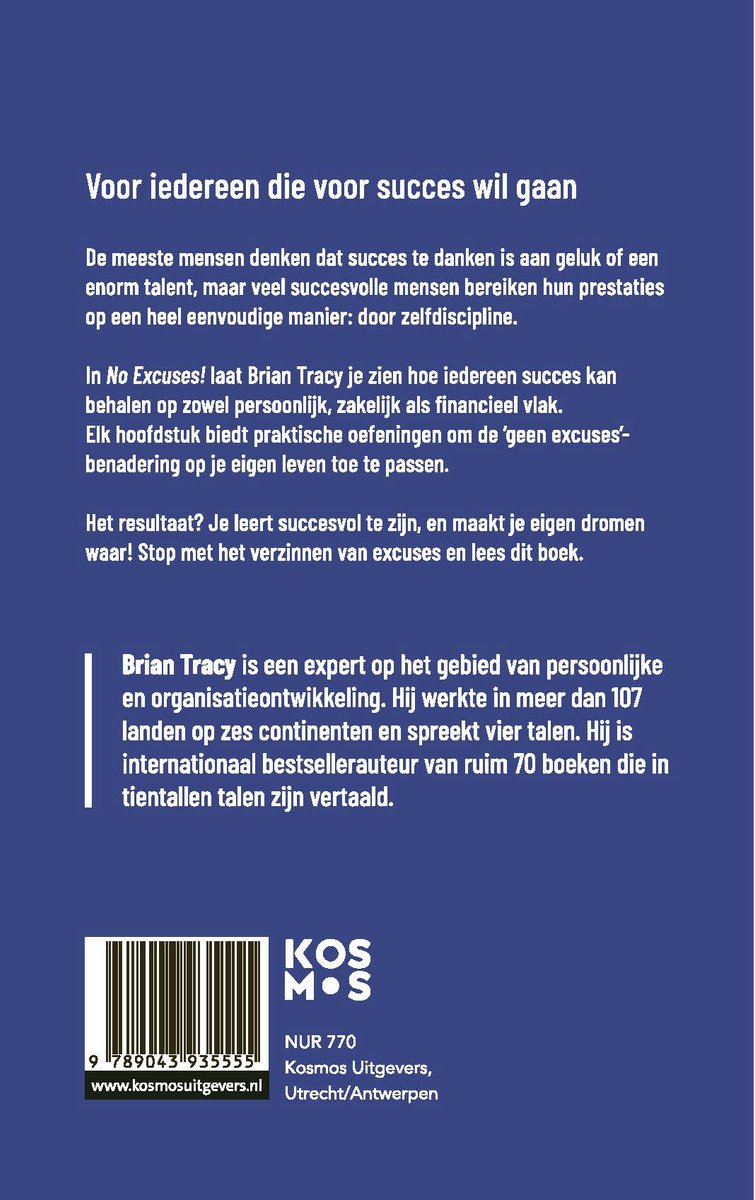 Achterkant van het boek "No Excuses! De Kracht van Zelfdiscipline" door Brian Tracy, met tekst en ISBN.