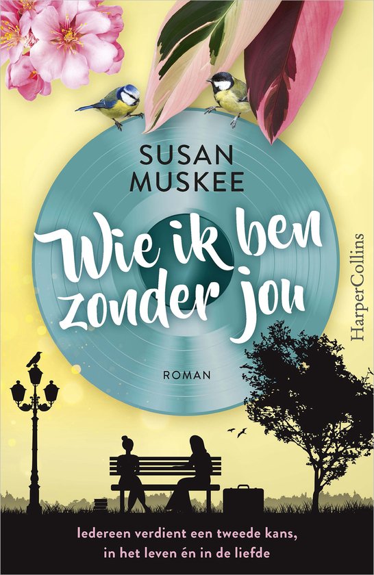Couverture de livre 'Wie ik ben zonder jou' avec disque vinyle, deux oiseaux, banc et silhouettes