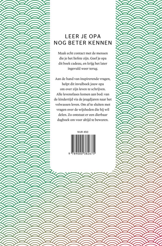 Boek met de titel 'Leer je opa nog beter kennen'. Groen-rode golfpatroon achtergrond.