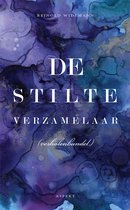 Boek "De Stilte Verzamelaar" met abstracte paarse en blauwe inktvlekken en gouden spetters. Titel en auteursnaam in witte letters.