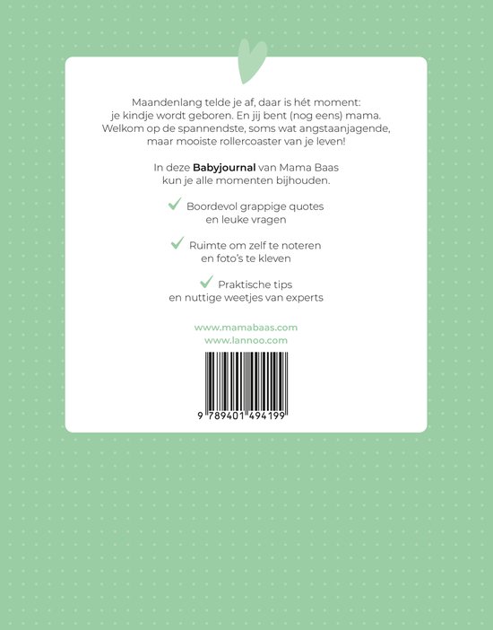 Babyjournal Mama Baas met checklist en ruimte voor foto's. Achterkant met barcode en website info.