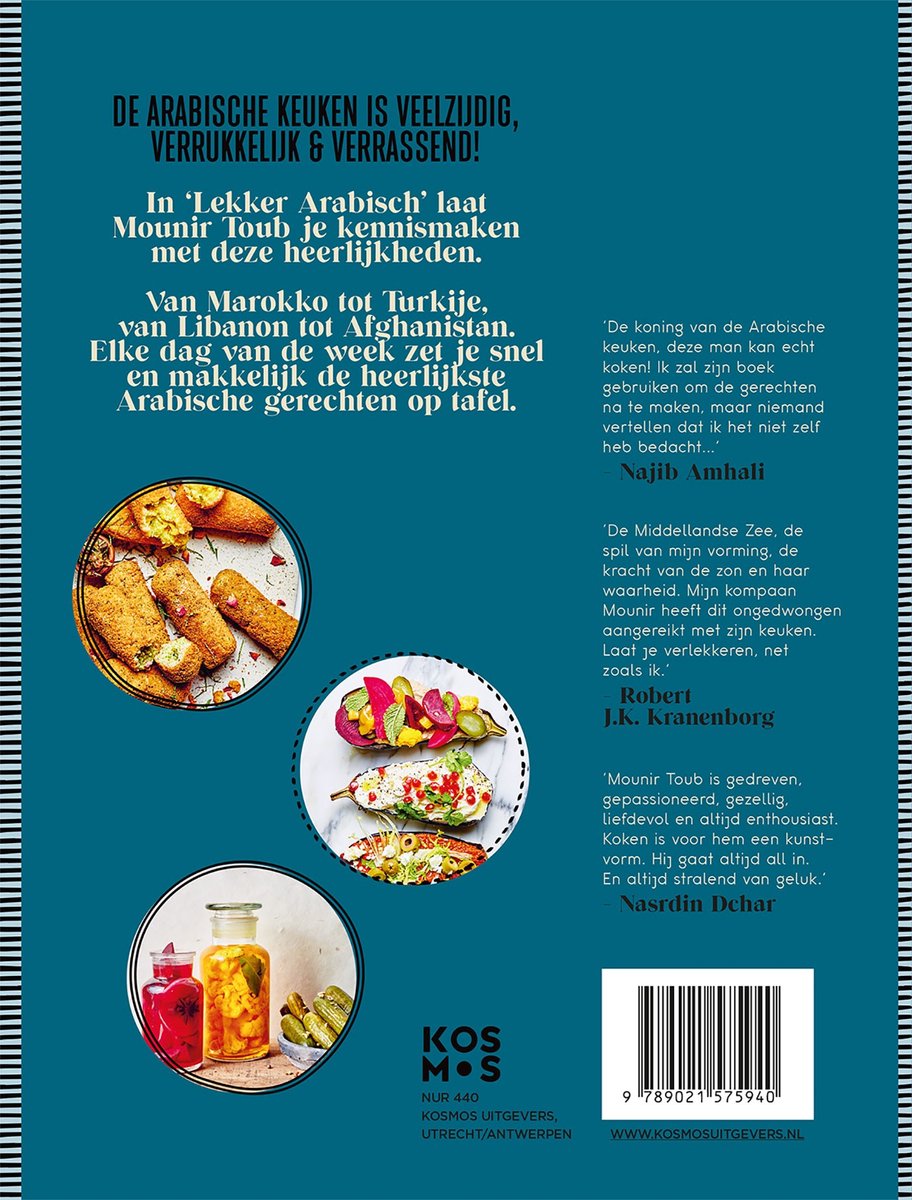 Boekcover met receptfoto's en tekst "DE ARABISCHE KEUKEN IS VERZÉÉLDIG, VERTRUKKELIJK & VERRASSEND!".