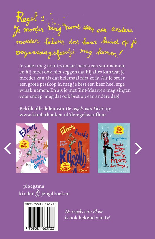 Achterkant boek 'De regels van Floor' met tekst en illustraties van de boekkaften.