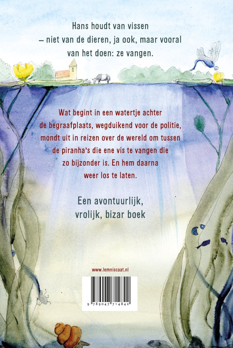 Achterkant van het boek 'Hoe vang je een grote vis?' met een illustratie van onder water, met tekst en een slak op de bodem.