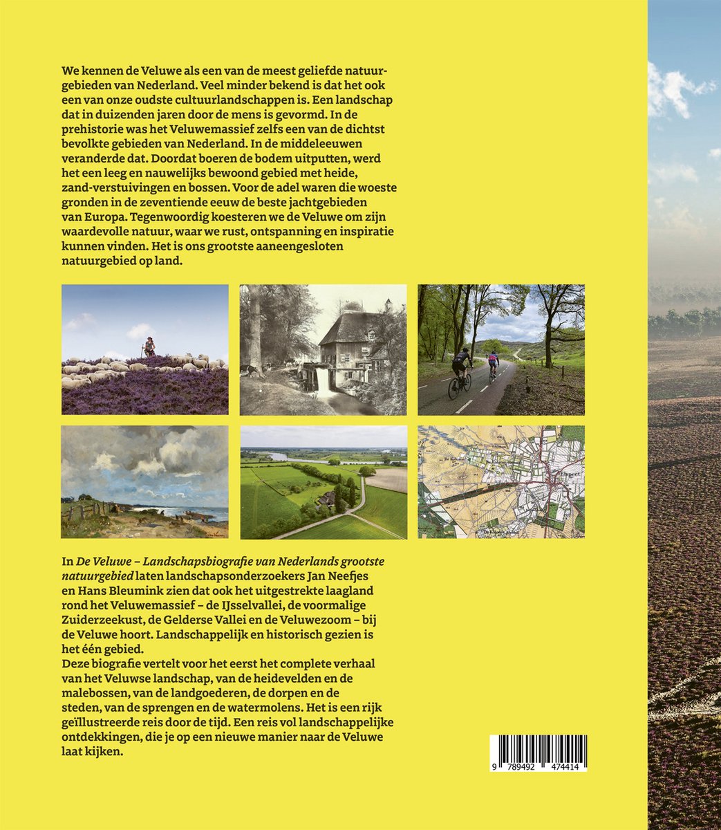 Grootschalige illustraties van het Nederlandse landschap, met afbeeldingen van heide, zandverstuivingen, bossen en een kasteel.