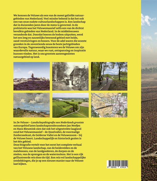 Grootschalige illustraties van het Nederlandse landschap, met afbeeldingen van heide, zandverstuivingen, bossen en een kasteel.