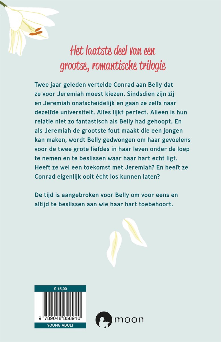 Achterkant van een boek met tekst over een romantische trilogie.