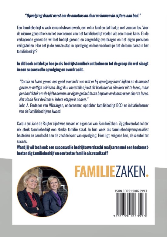 Twee vrouwen, Liane en Carola de Ruijter, staan glimlachend naast elkaar met op de achtergrond een boerderij. De titel 'Familiezaken' staat rechtsonder.