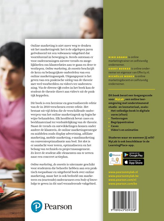 Achterkant van het boek 'Online marketing, de essentie, 2e editie' met tekst en barcode.
