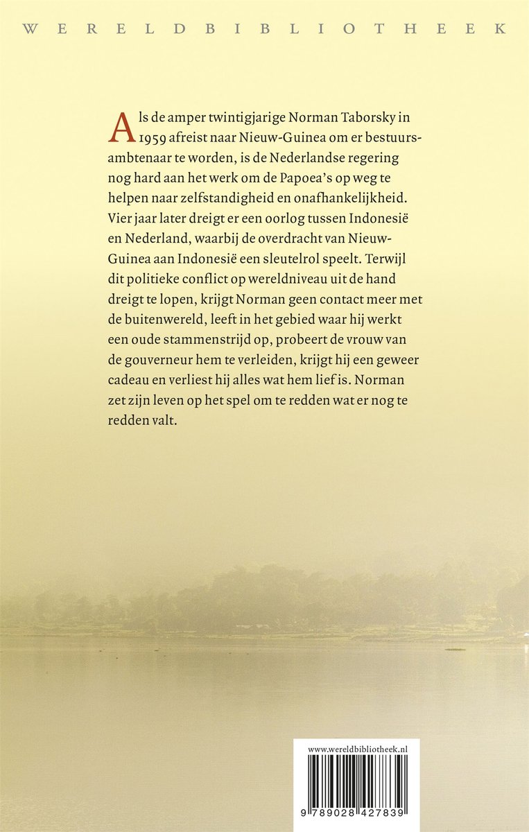 Achterkant boek 'Norman'. Beschrijving van het verhaal, met waterlandschap.