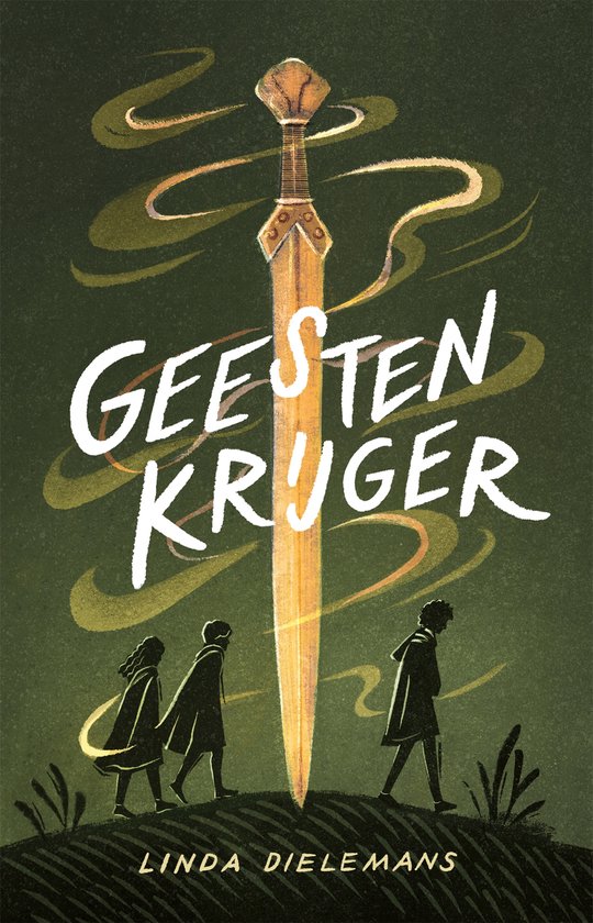 Boekomslag met een zwaard, drie figuren en de titel Geestenkrijger.